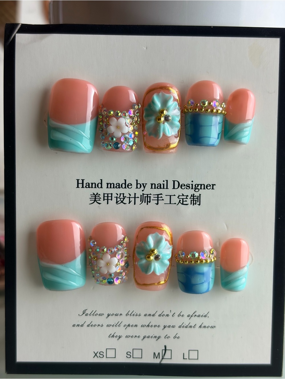 Handmade Pink and Teal Floral Accent Press-On Nails Med